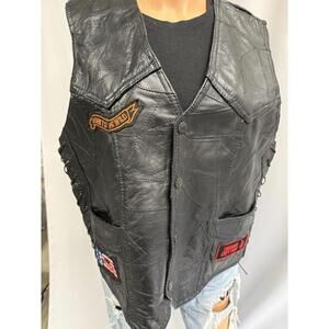 Diamond Plate Buffalo Leather mens large motorcycle Vest with Patches